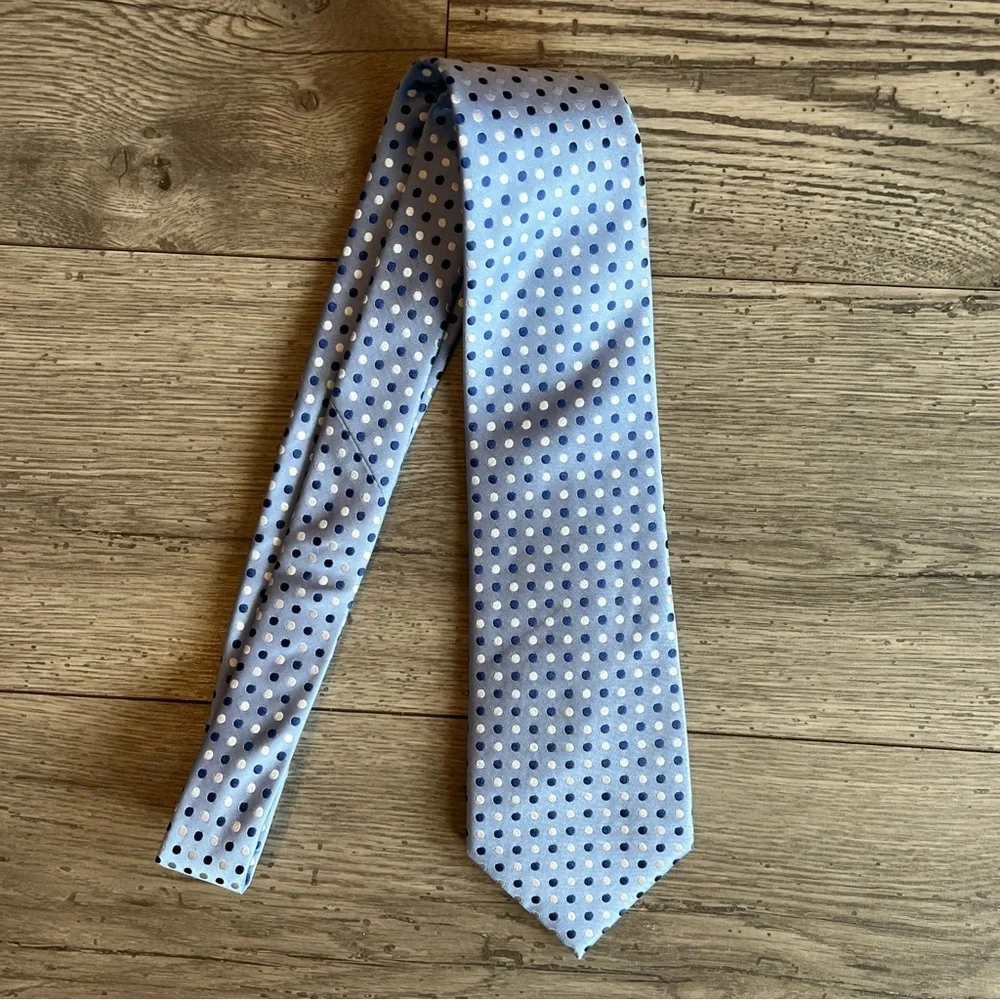 Geoffrey Beene Men’s Neck Tie Polka Dot Print Blue Silk Workwear Dressy Formal